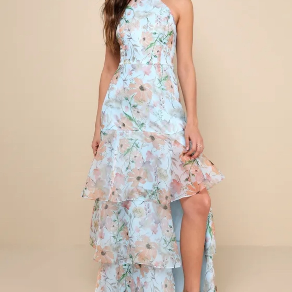 Lulus Forever Exceptional Light Blue Floral Halter Organza Maxi Dress - Size 2X